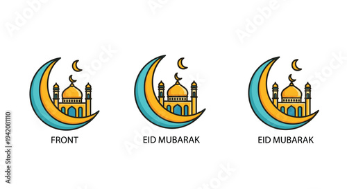 Three identical cartoon illustrations each depicting a golden mosque within a crescent moon are arranged horizontally with text labels on a white background, Generative AI
