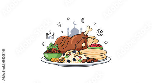 A stylized illustration presents a white plate generously filled with cooked meat rice dates and flatbread with faint mosque and crescent icons in the background on a white surface, Generative AI