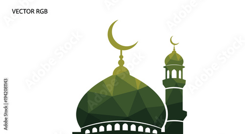 A polygon-style illustration showcases a mosque's dome and minaret in various shades of green topped with a golden crescent moon against a white background with VECTOR RGB text, Generative AI