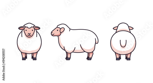 Three distinct cartoon sheep illustrations showcasing front side and rear views are cleanly arranged on a bright isolated white background, Generative AI