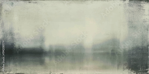 A tranquil autumn sunrise reflects off a misty lake as old grunge paper texture blends with the morning fog and forest trees under a cloudy dawn sky