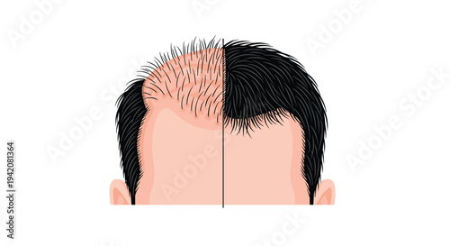 A distinct split image of a man's scalp clearly depicts the left side with significant black hair loss, juxtaposed against the right side's dense, healthy black hair.