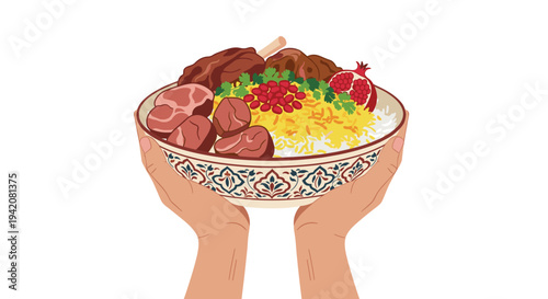 Two human hands are shown holding a decorative patterned bowl filled with a festive meal of rice cooked meat pomegranate seeds and green herbs on a white surface, Generative AI