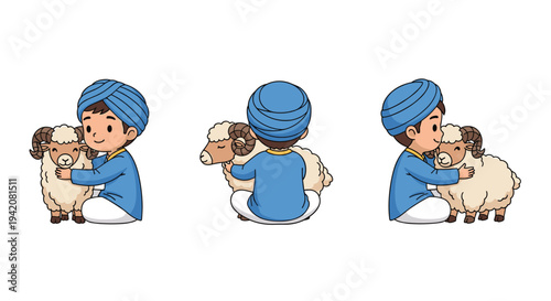 A happy boy in a blue turban and traditional garments is depicted in three views gently hugging a fluffy white sheep on a clean white background, Generative AI