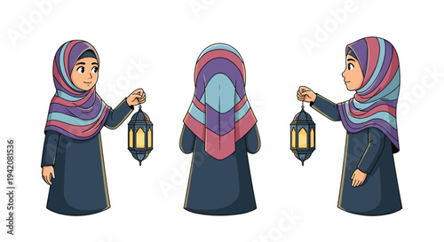 A young girl in a vibrant striped hijab and dark dress is depicted in three views holding an illuminated ornate lantern against a clean white background, Generative AI