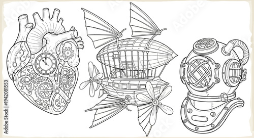 Steampunk style line art set featuring a mechanical heart, vintage airship, and deep-sea diving helmet illustration