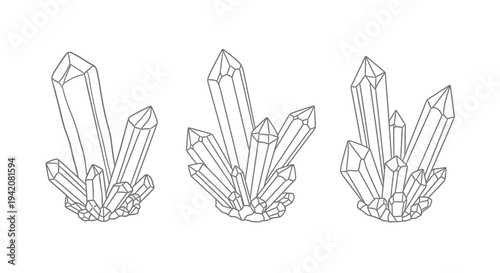Geometric outline crystal clusters vector set. Detailed line art mineral illustrations for abstract, healing, and natural designs.