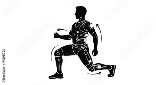 Vector illustration of a man in a lunge position with highlighted muscles