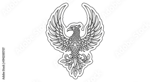 Majestic Phoenix Bird Vector Illustration with Outstretched Wings, Mythical Creature Outline Drawing, Rebirth and Power Symbol