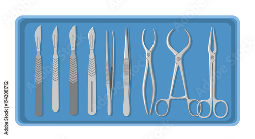 Ten gleaming silver medical instruments, including scalpels, tweezers, extraction forceps, and needle holders, are arranged in a blue surgical tray.