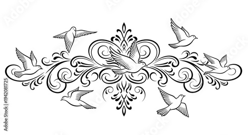 Elegant flying doves and vintage scrollwork ornament, decorative black and white illustration symbolizing peace and freedom.