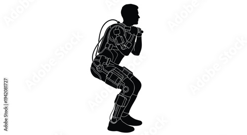 Vector illustration of a man wearing a jetpack, squatting