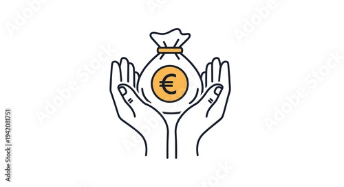 Two stylized hands are shown holding a money bag featuring a prominent yellow Euro symbol against a clean white background, Generative AI