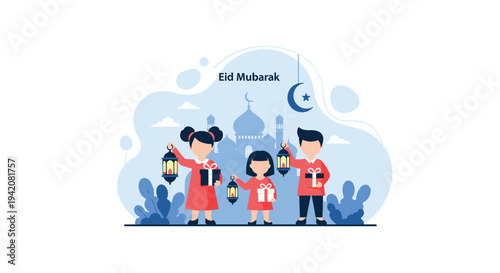 Three cartoon children hold gifts and lanterns in front of a stylized mosque and crescent moon with Eid Mubarak text above, Generative AI