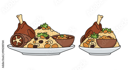Two white plates each generously laden with a dark brown meat shank a mound of light brown rice topped with nuts and a small bowl of sauce are displayed, Generative AI
