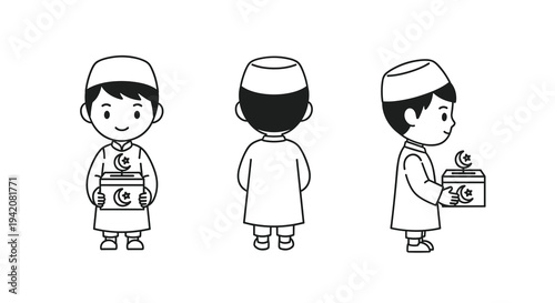 Three black-and-white line art illustrations show a boy in a kufi hat holding a crescent moon donation box from front back and side views on a white background, Generative AI
