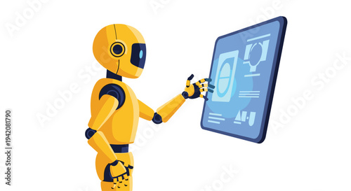 A vibrant yellow humanoid robot with a glowing blue eye interacts with a floating blue holographic screen displaying abstract geometric icons.