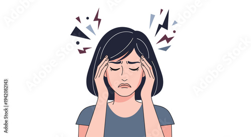 A distressed woman with dark hair and a grey top holds her temples, experiencing a headache or stress, with jagged lines illustrating pain against a clean white background.