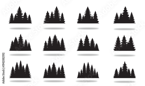 Collection of various evergreen tree silhouettes