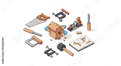 A collection of 10 woodworking tools, including saws and chisels, are neatly arranged around a partially assembled wooden birdhouse with hands working and an open instruction manual.