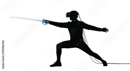 Vector silhouette of a person wearing VR headset and wielding a blue sword
