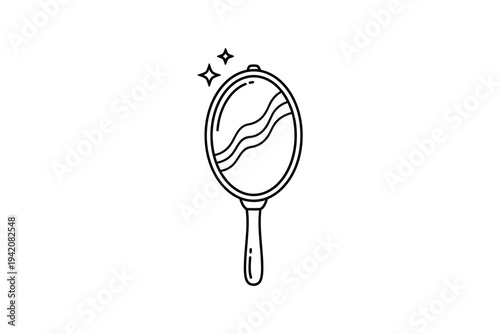 Vector illustration of a handheld mirror with a cracked reflective surface and two flies buzzing around it, symbolizing vanity and imperfection.