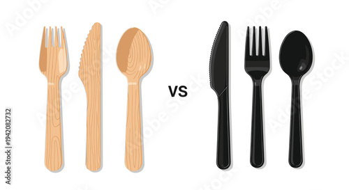 A comparison shot displays three wooden disposable utensils against three black plastic disposable utensils, separated by a bold VS text.