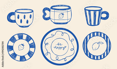 Collection of vector hand-drawn mugs and plates with cute decor. Сrockery in line art style isolated on creamy background. Illustration for kitchen decor, textile prints, packaging design, stickers.