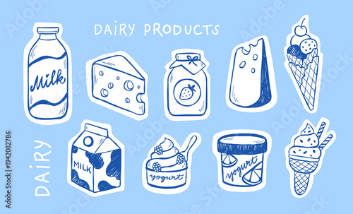 Sketch illustration of milk, yogurt, ice-cream in a waffle cone. Hand-drawn vector sticker set of dairy products isolated on blue background. Clip art collection for food design, packaging, menus.
