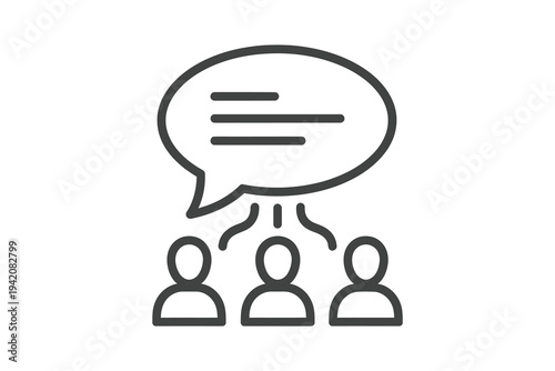 Simple line icon of three people with a speech bubble communicating effectively