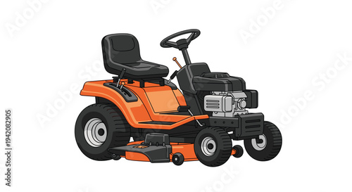 A detailed, three-quarter front view illustration showcases an orange riding lawnmower with a black seat and visible engine on a white background.
