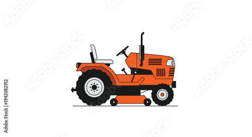 A simple, side-profile illustration depicts an orange riding lawnmower with black wheels and a white seat on a pristine white background.