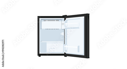 A small black mini-refrigerator with its door open reveals an empty white interior, including a freezer section and two shelves, against a clean background.