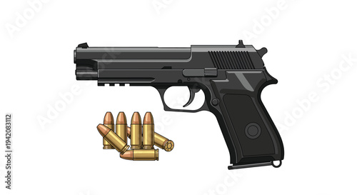A realistic black semi-automatic pistol with textured grip and slide is presented alongside four scattered brass-cased bullets on a clean white surface.