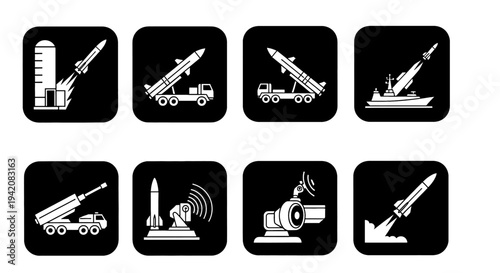 Icon set showcasing various missile launch systems and defense technology.
