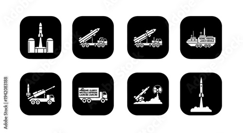 Collection of rocket and missile launch icons on black background.