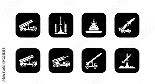 Collection of military rocket and missile icons on a dark background.