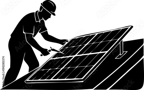 Technician installing solar panels on rooftop, silhouette of worker with safety helmet maintaining renewable energy system, green power and solar panel installation isolated on white background vector