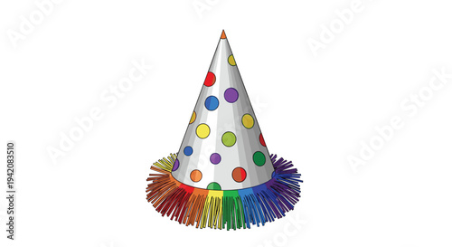 A festive white conical party hat with colorful polka dots and a vibrant rainbow fringe sits upright on a clean, isolated white background.