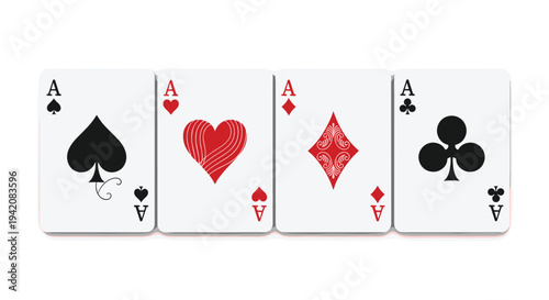 Four aces from a deck of playing cards, featuring spades, hearts, diamonds, and clubs, are neatly aligned horizontally on a clean white surface.