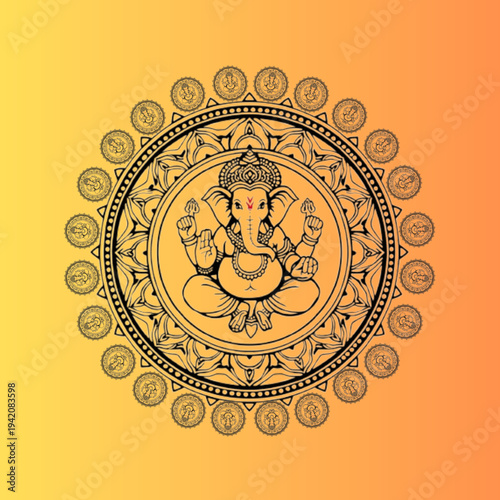 Lord Ganesha Mandala on Orange Gradient Background – Sacred Hindu Elephant God Spiritual Illustration. Ai generated