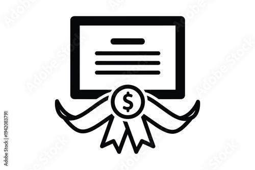 A black and white vector illustration of a certificate with a dollar sign ribbon, symbolizing financial award or business recognition.