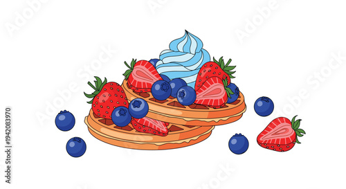 Two golden-brown Belgian waffles are artfully stacked and garnished with fresh red strawberries, blue blueberries, and a dollop of light blue whipped cream.