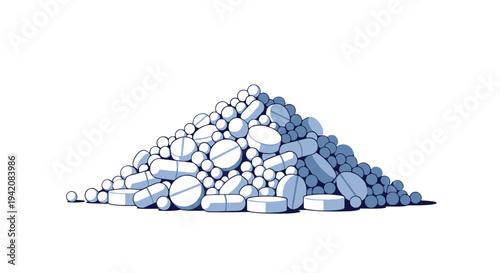 A substantial heap of diverse blue and white pharmaceutical pills and capsules is meticulously arranged on a pristine white surface.