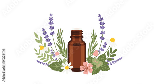 A brown glass essential oil bottle with a light-colored cap is centrally positioned, surrounded by a symmetrical arrangement of lavender, chamomile, and various green botanicals.
