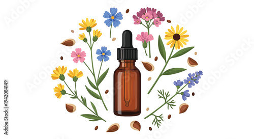 A brown glass dropper bottle for essential oil is centrally located, encircled by a vibrant array of diverse wildflowers, green leaves, and scattered brown seeds.