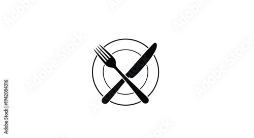 A minimalist black icon illustrates a fork and a knife crossed over a simple circular plate, centrally displayed on a pristine white background.