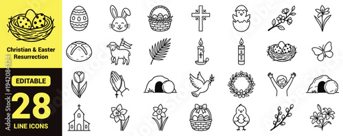 Christian and Easter resurrection icon set with crosses, tomb symbols, prayer, flowers, holy week imagery, and essential Christian ranking elements in clean modern line‑art vector style