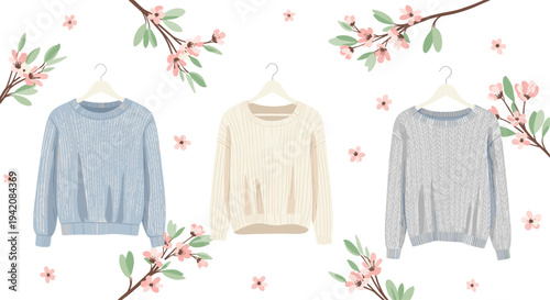 Three knitted sweaters in light blue, cream, and grey hang on white hangers, framed by pink cherry blossoms on branches against a white background.