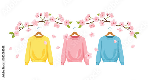Three vibrant sweaters in yellow, pink, and blue hang on hangers, framed by cherry blossom branches and scattered petals on a white background.